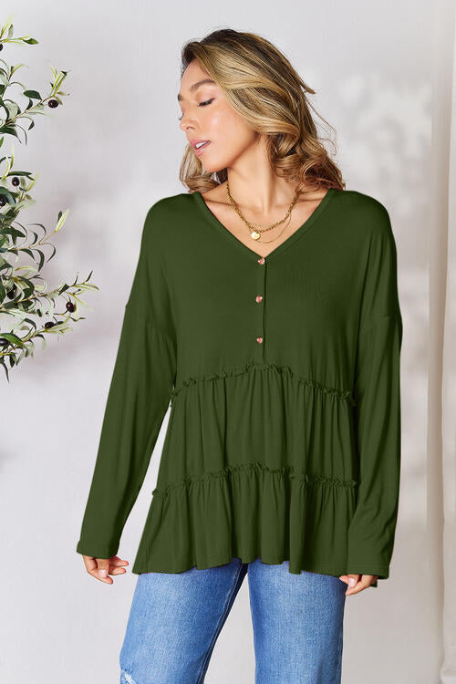 Double Take Half Button Long Sleeve Ruffle Hem Blouse BLUE ZONE PLANET