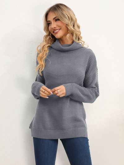 Slit Turtleneck Dropped Shoulder Sweater Trendsi