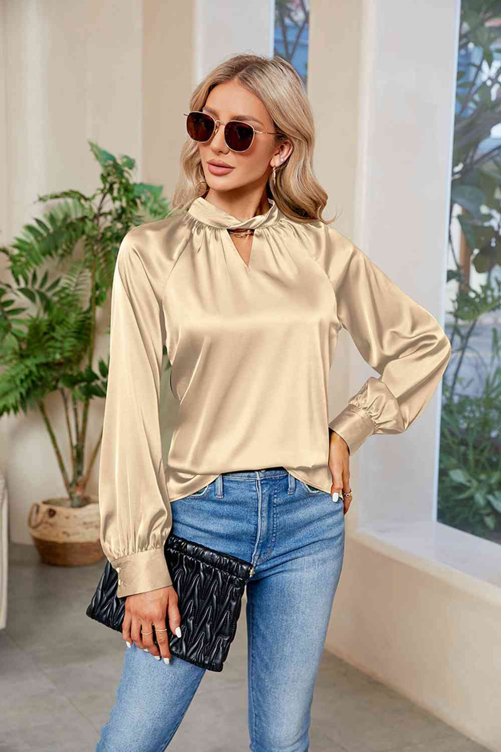 Cutout Mock Neck Long Sleeve Top BLUE ZONE PLANET