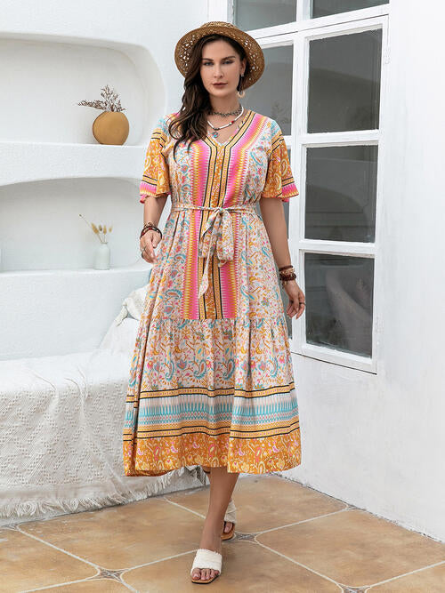Plus Size Floral Tied Short Sleeve Midi Dress BLUE ZONE PLANET