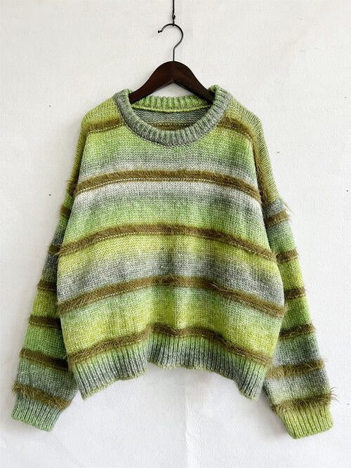 Blue Zone Planet | Striped Round Neck Long Sleeve Sweater BLUE ZONE PLANET