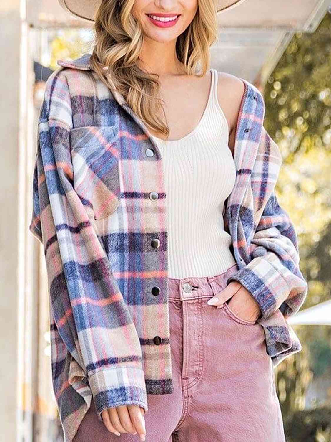 Snap Up Plaid Collared Neck Jacket with Pocket BLUE ZONE PLANET