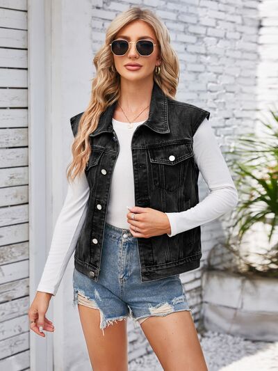 Blue Zone Planet | Button Up Cap Sleeve Denim Jacket BLUE ZONE PLANET
