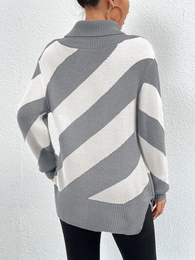 Blue Zone Planet | Striped Turtleneck Dropped Shoulder Sweater BLUE ZONE PLANET
