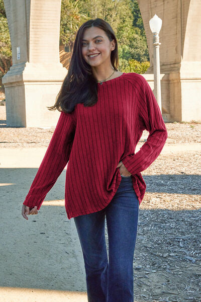Basic Bae Full Size Ribbed Round Neck Long Sleeve Knit Top BLUE ZONE PLANET