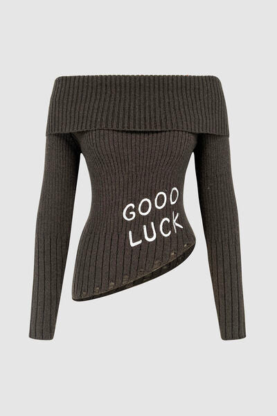 Blue Zone Planet | GOOD LUCK Distressed Off-Shoulder Sweater BLUE ZONE PLANET