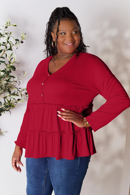Double Take Half Button Long Sleeve Ruffle Hem Blouse BLUE ZONE PLANET