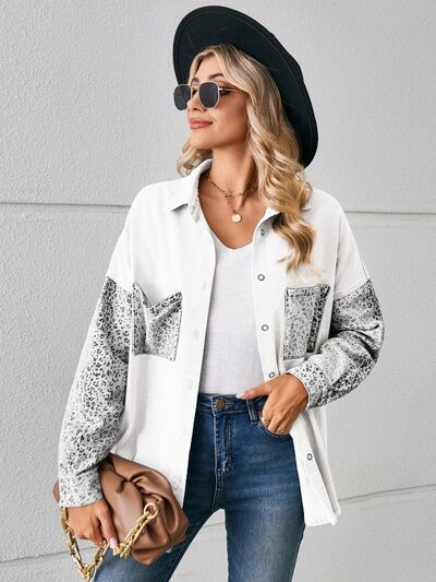 Leopard Button Up Denim Jacket BLUE ZONE PLANET