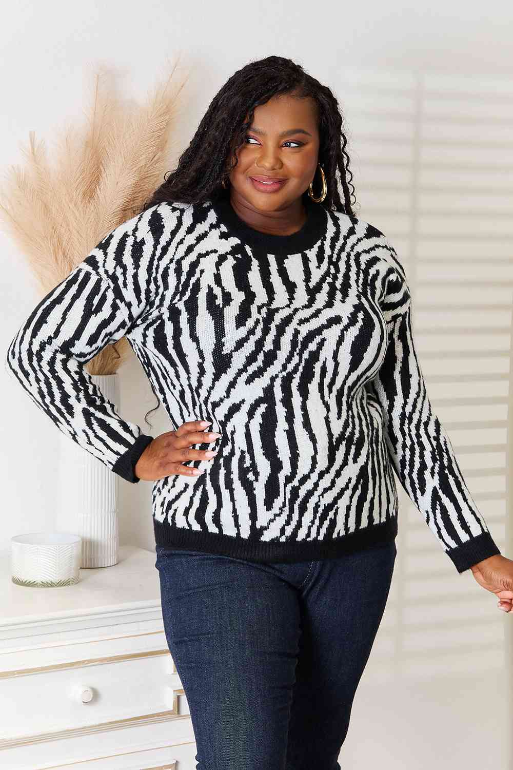Heimish Full Size Zebra Print Sweater BLUE ZONE PLANET