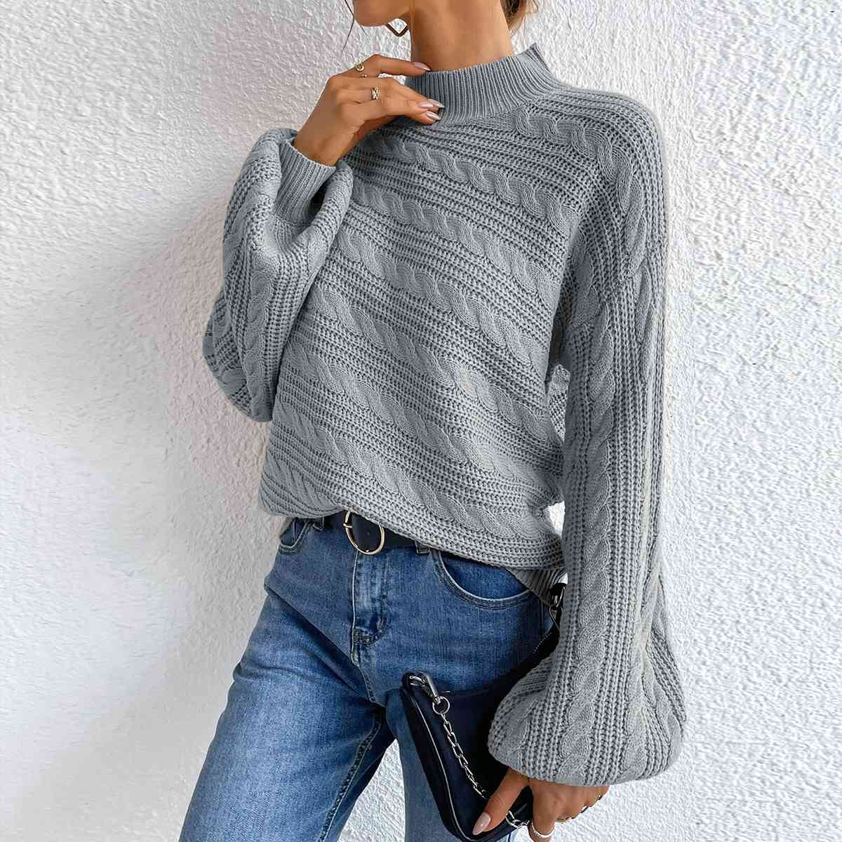 Cable-Knit Mock Neck Long Sleeve Sweater BLUE ZONE PLANET