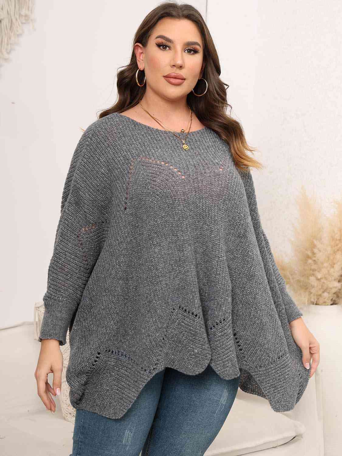 Plus Size Round Neck Batwing Sleeve Sweater BLUE ZONE PLANET