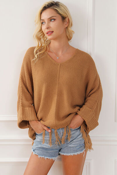 Blue Zone Planet | Fringe V-Neck Long Sleeve Sweater BLUE ZONE PLANET