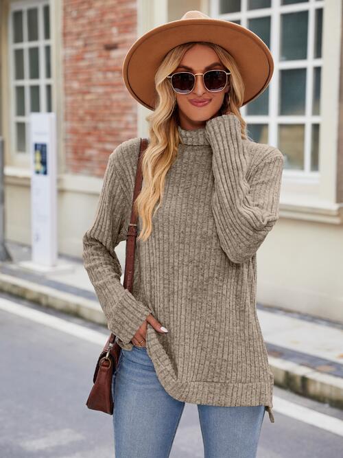 Ribbed Turtleneck Long Sleeve Slit Knit Top BLUE ZONE PLANET