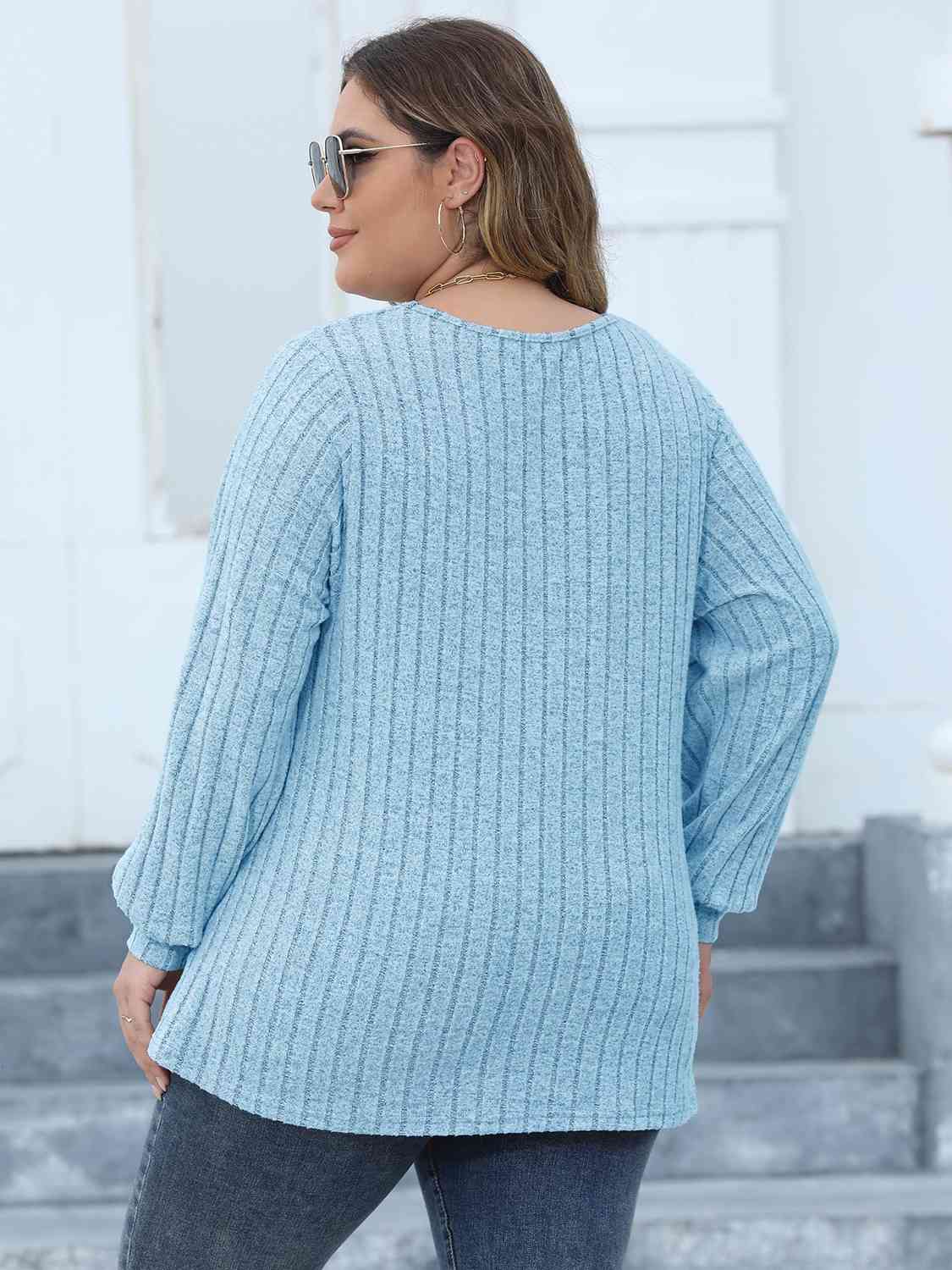 Plus Size Ribbed V-Neck Long Sleeve Top BLUE ZONE PLANET