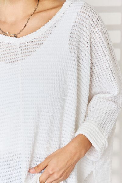 Zenana Full Size Waffle Knit V-Neck Long Sleeve Slit Top BLUE ZONE PLANET