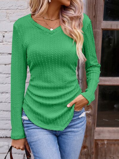 Blue Zone Planet | Textured Ruched V-Neck Long Sleeve T-Shirt BLUE ZONE PLANET