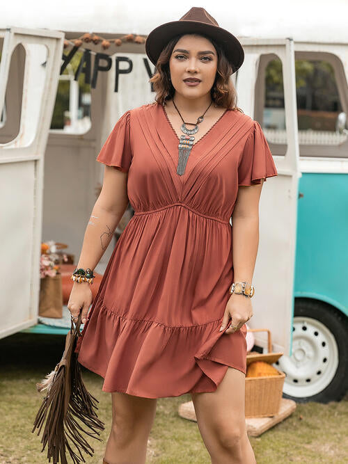 Double Take Plus Size Ruffle Hem V-Neck Short Sleeve Dress BLUE ZONE PLANET