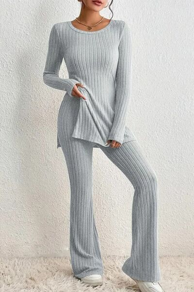 Blue Zone Planet | Ribbed Long Sleeve Slit Top and Bootcut Pants Set BLUE ZONE PLANET