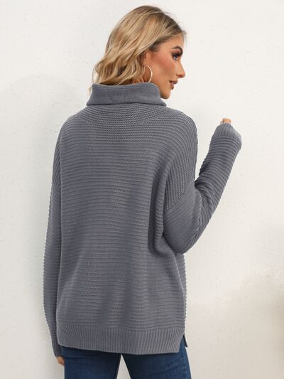 Slit Turtleneck Dropped Shoulder Sweater Trendsi