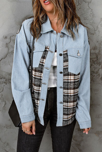 Blue Zone Planet | Plaid Pocketed Button Up Denim Jacket BLUE ZONE PLANET