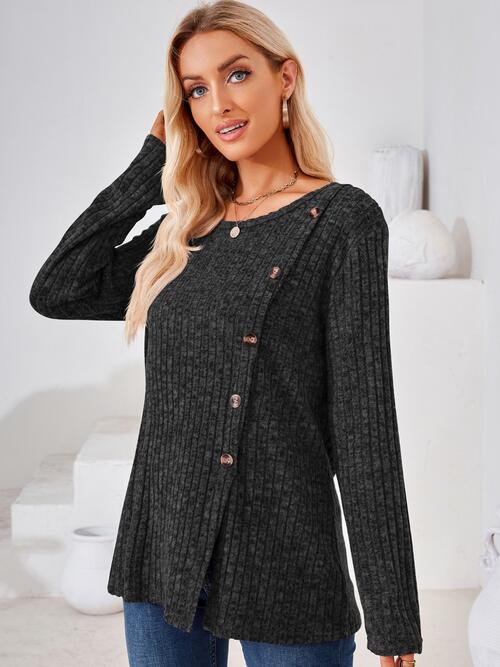 Ribbed Buttoned Round Neck Slit T-Shirt BLUE ZONE PLANET