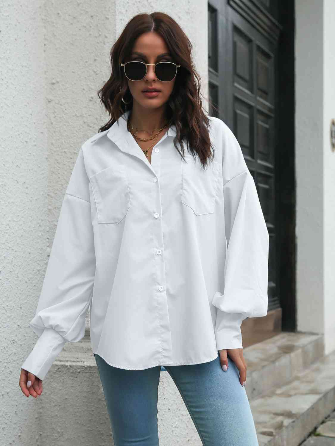 Collared Neck Dropped Shoulder Buttoned Shirt BLUE ZONE PLANET