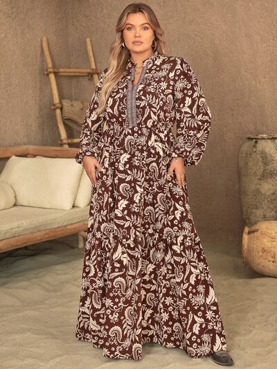 Blue Zone Planet | Plus Size Notched Balloon Sleeve Printed Maxi Dress BLUE ZONE PLANET