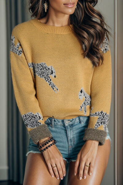 Blue Zone Planet | Animal Element Round Neck Dropped Shoulder Sweater BLUE ZONE PLANET
