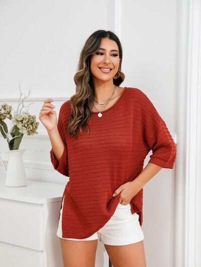 Blue Zone Planet | Rolled Round Neck Dropped Shoulder Slit Sweater BLUE ZONE PLANET