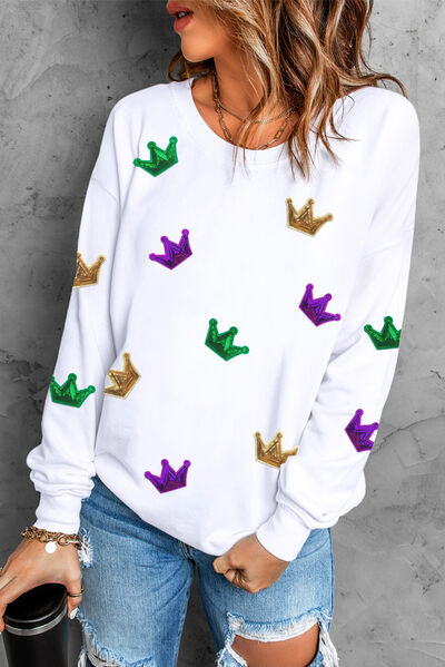 Blue Zone Planet | Crown Sequin Round Neck Sweatshirt BLUE ZONE PLANET