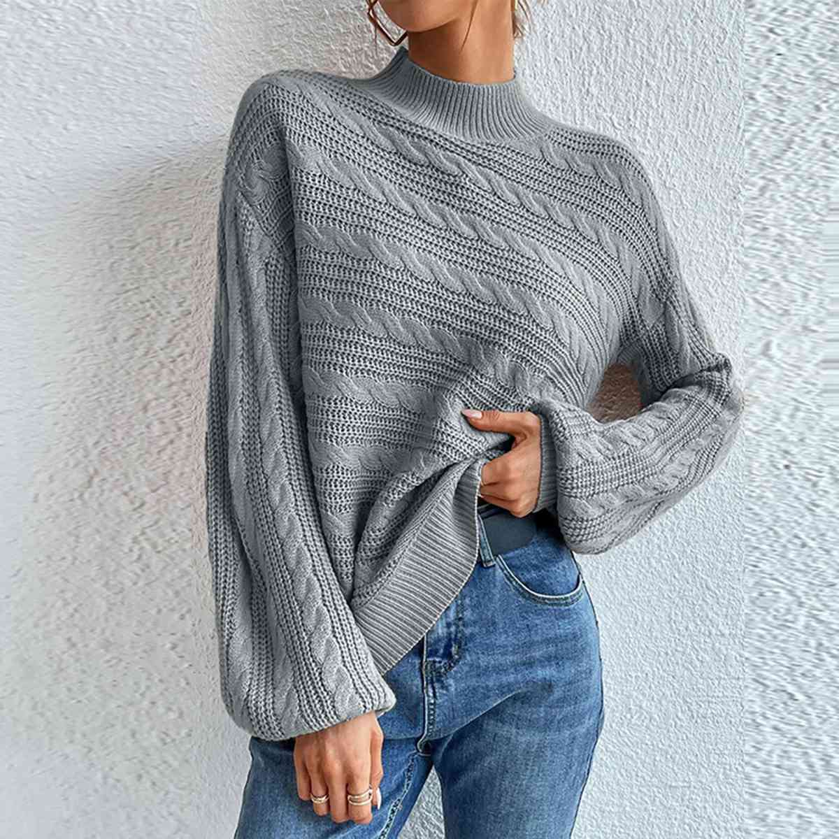 Cable-Knit Mock Neck Long Sleeve Sweater BLUE ZONE PLANET