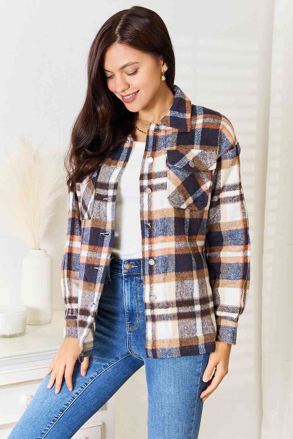 Blue Zone Planet | Double Take Plaid Button Front Shirt Jacket with Breast Pockets BLUE ZONE PLANET