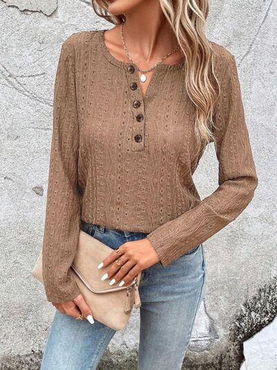 Blue Zone Planet | Openwork Half Button Long Sleeve Blouse BLUE ZONE PLANET