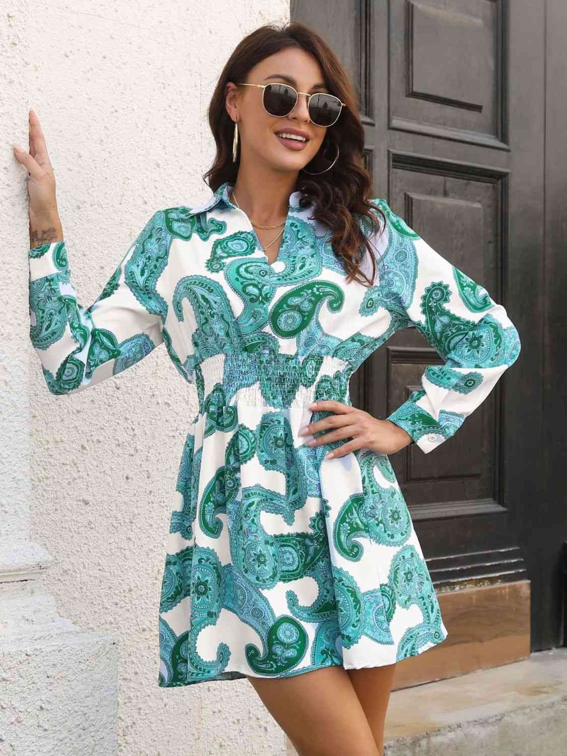 Paisley Print Johnny Collar Smocked Dress BLUE ZONE PLANET