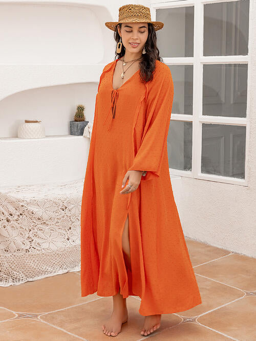 Plus Size Tie Neck Long Sleeve Slit Dress BLUE ZONE PLANET