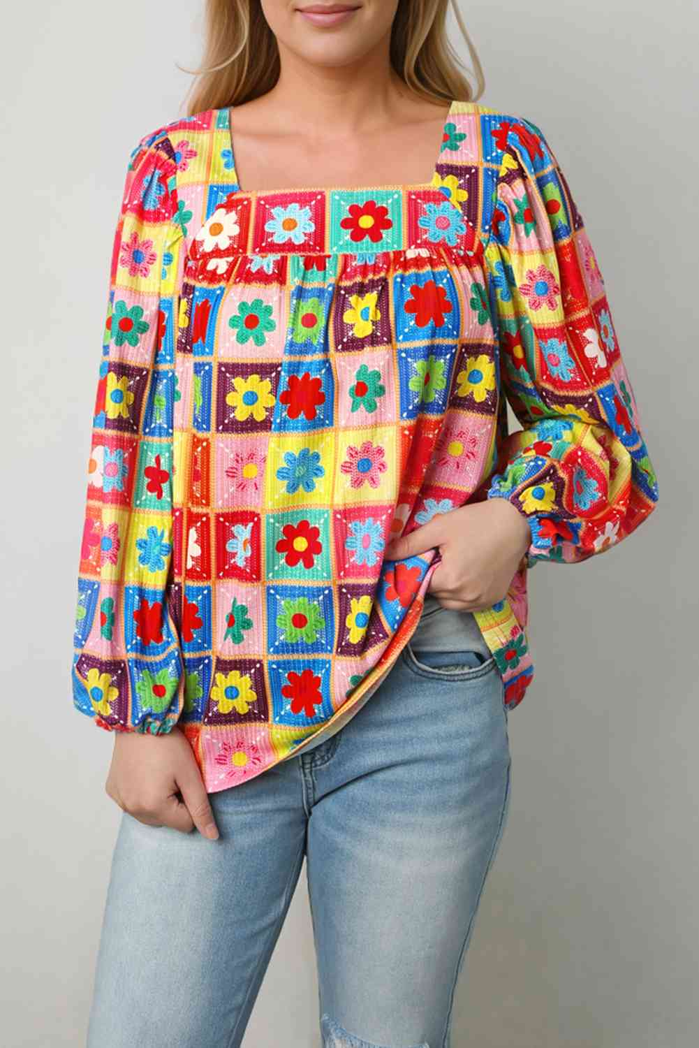 Printed Square Neck Balloon Sleeve Top BLUE ZONE PLANET