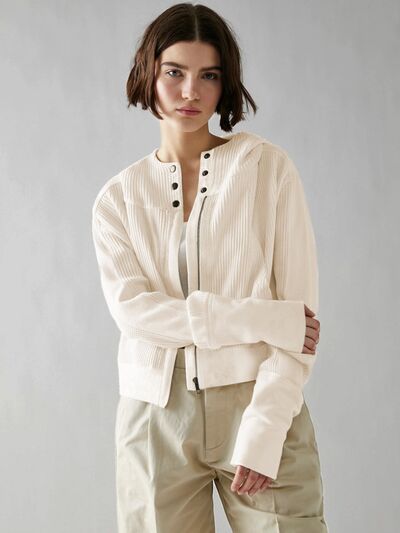 Blue Zone Planet | Waffle-Knit Dropped Shoulder Hooded Jacket BLUE ZONE PLANET