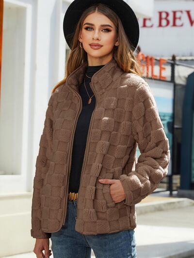 Blue Zone Planet | Fuzzy Checkered Zip Up Jacket BLUE ZONE PLANET