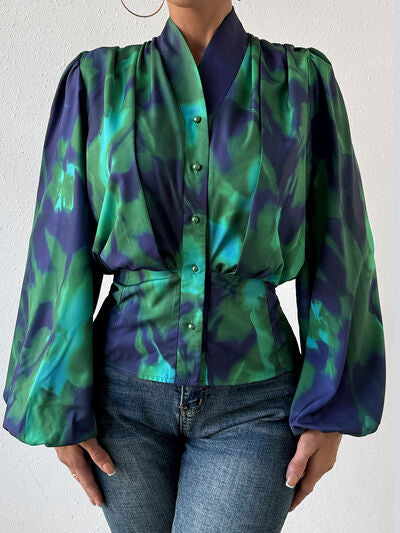 Blue Zone Planet | Tie-Dye Button Up Balloon Sleeve Blouse BLUE ZONE PLANET
