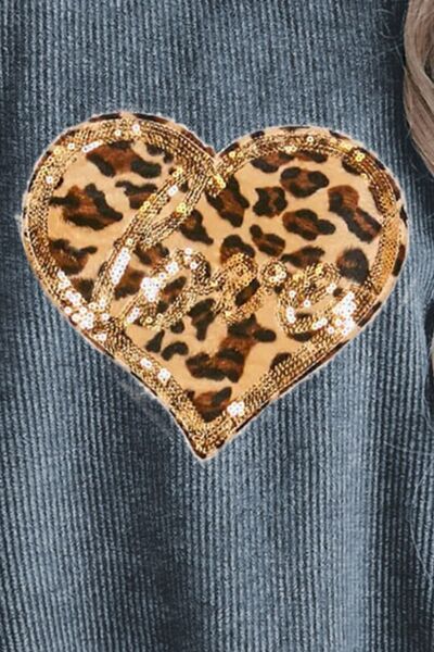 Blue Zone Planet | Heart Leopard Sequin Round Neck Sweatshirt BLUE ZONE PLANET
