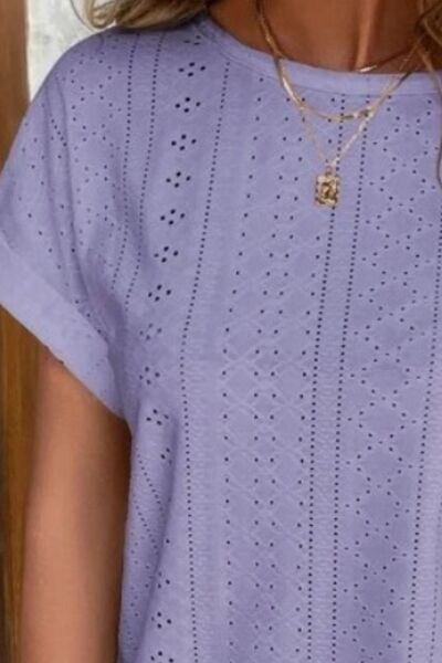 Blue Zone Planet | Eyelet Round Neck Short Sleeve T-Shirt BLUE ZONE PLANET