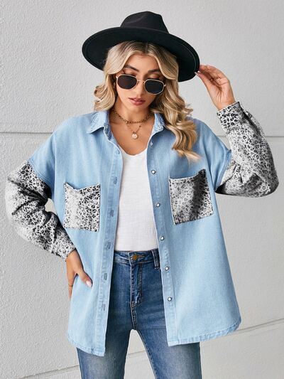 Leopard Button Up Denim Jacket BLUE ZONE PLANET