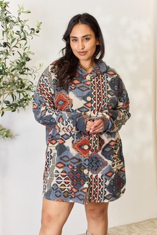 Heimish Full Size Printed Button Up Hooded Jacket BLUE ZONE PLANET
