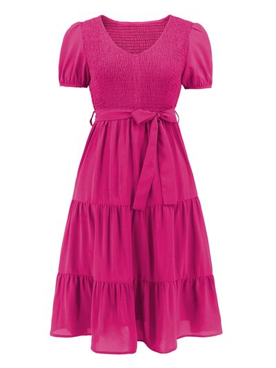 Blue Zone Planet | Smocked Tie Front Short Sleeve Tiered Dress BLUE ZONE PLANET
