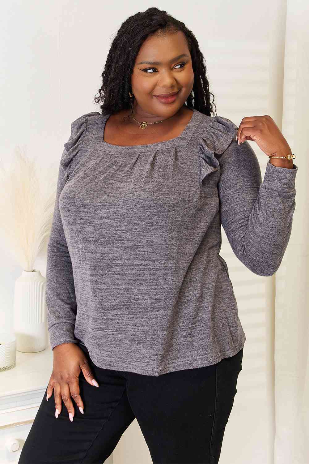Double Take Square Neck Ruffle Shoulder Long Sleeve T-Shirt BLUE ZONE PLANET