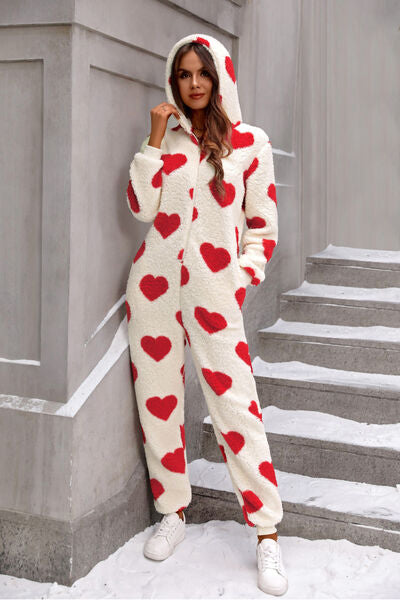 Blue Zone Planet | Fuzzy Heart Zip Up Hooded Lounge Jumpsuit BLUE ZONE PLANET