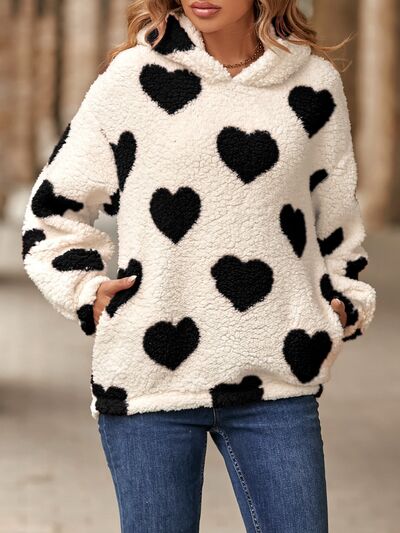 Blue Zone Planet | Fuzzy Heart Pocketed Dropped Shoulder Hoodie BLUE ZONE PLANET