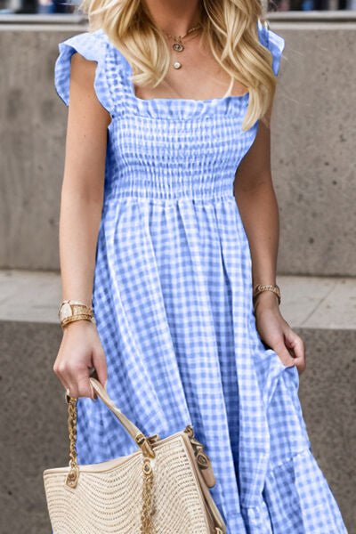Blue Zone Planet | Full Size Smocked Ruffled Plaid Ruffle Hem Dress BLUE ZONE PLANET