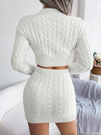 Blue Zone Planet | Cable-Knit Round Neck Top and Skirt Sweater Set BLUE ZONE PLANET
