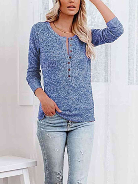 Round Neck Buttoned Long Sleeve T-Shirt BLUE ZONE PLANET